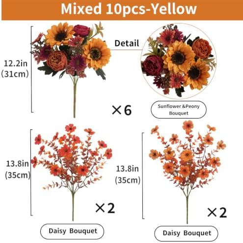 Mixed 10 Pcs Fall Artificial Sunflower Peony Bouquet, Yellow Burgundy Silk Faux Flower, Autumn Faux Floral Arrangements for Wedding Table Thanksgiving Porch Planters Garden Patio Outdoors Decor