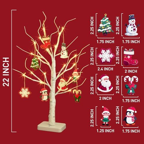 EAMBRITE Lighted Birch Tree with Ornaments, 2 Pack Small Christmas Trees