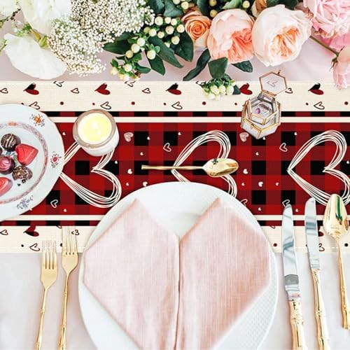 Niviy Plaid Love Hearts Valentines Table Runner 13 x 90 Inch, Wedding Seasonal Holiday Anniversary Decoration for Indoor Home Party