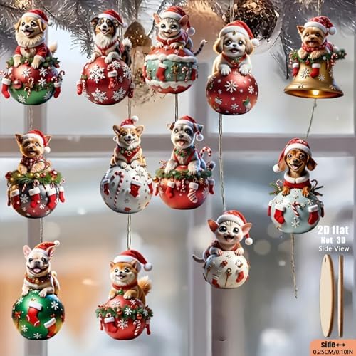 12 Pcs Cute Christmas Ornaments Animal Kitten Puppy Designs Xmas Tree Decoration for Holiday DIY Crafts Mini Christmas Hanging Ornaments 2D Wooden Pendant for Home Indoor Party Gift