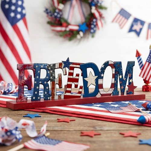 Cinnvoice Memorial Day Table Decoration Patriotic 4th of July Centerpiece Farmhouse Metal Freedom Star Red White and Blue Letter Tiered Tray Decorations with Wooden Base for Holiday Kitchen Home