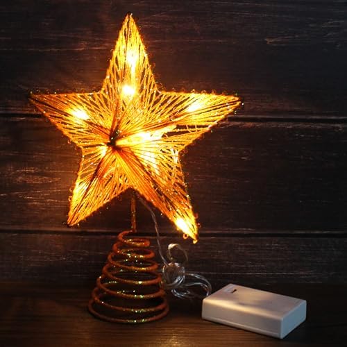 CVHOMEDECO. Champagne Gold Glittered 3D Tree Top Star with Warm White LED Lights and Timer for Christmas Tree Topper Decoration and Holiday Seasonal Décor, 8 x 10 Inch