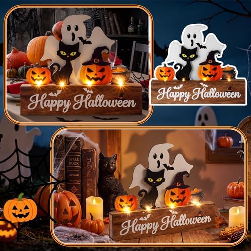 Patelai Halloween Table Decoration with LED Lights Wood Pumpkin Ghost Signs