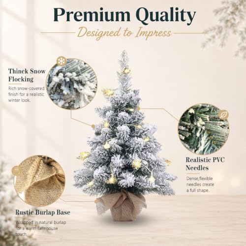 Pre-Lit Artificial Mini Christmas Tree,20 Inch Snow Flocked Small Pine Xmas Tree with 40 LED Lights,70 Branch Tips,Battery Operated Tabletop Christmas Tree Burlap Base-(50cm)