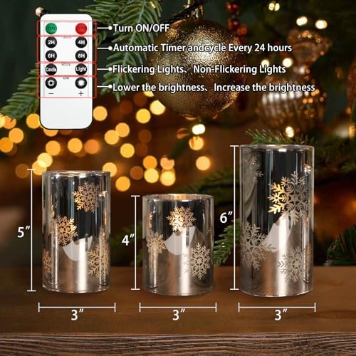 Crystal Club Christmas Flameless Candles with Remote, Set of 3, Snowflake Plating Battery Operated LED Candles, Glass Effect Pillar Candle Flickering with Remote for Home Decor