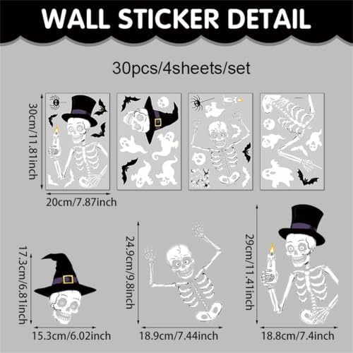 Halloween Skeleton Static Window Clings, Double Sided Ghost Bat Stickers for Party Decor