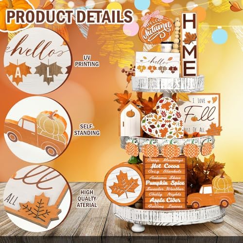 Amyhill 15 Pcs Fall Tiered Tray Decor Set Rustic Autumn Wooden Table Signs