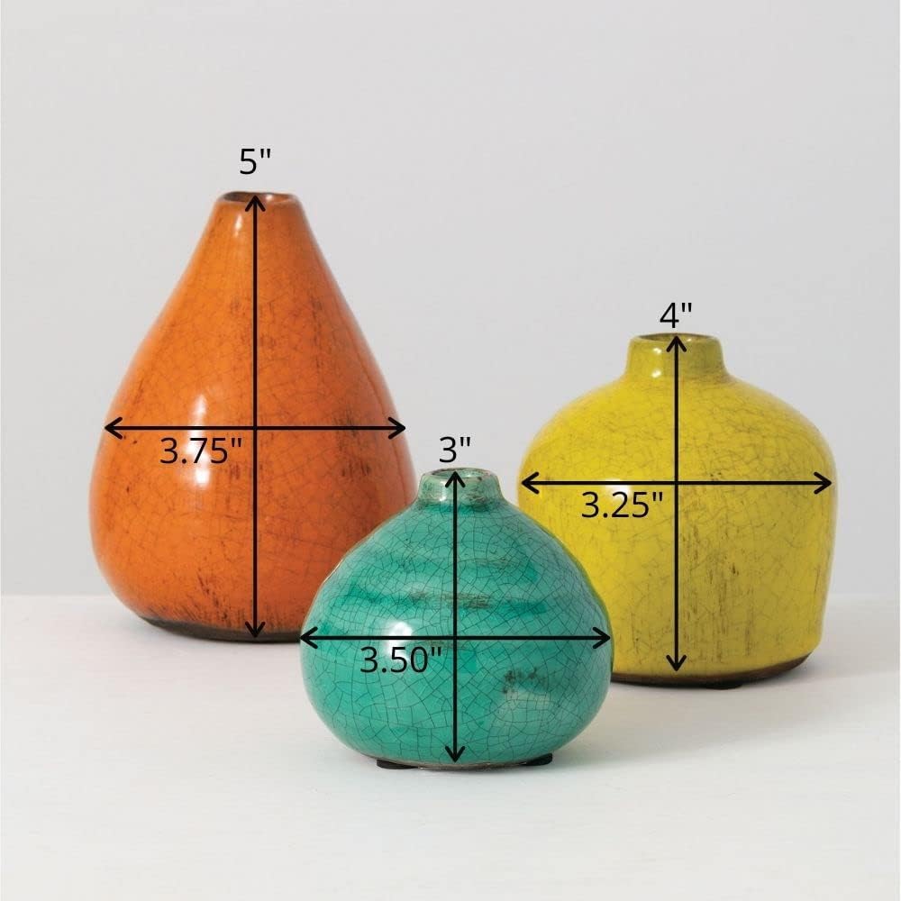 Ceramic Vase Set- 3 Small Vases / Aqua, Orange, Green / Set of 3