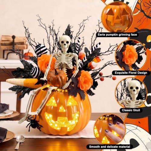 Wiwiqing Halloween Decorations Pumpkin Vase Ornaments with Black and Orange Branch Bow Flower Soil, DIY Spooky Halloween Ghosts Skull Face Pumpkin Vase Crafts, Retro Table Centerpiece Decor