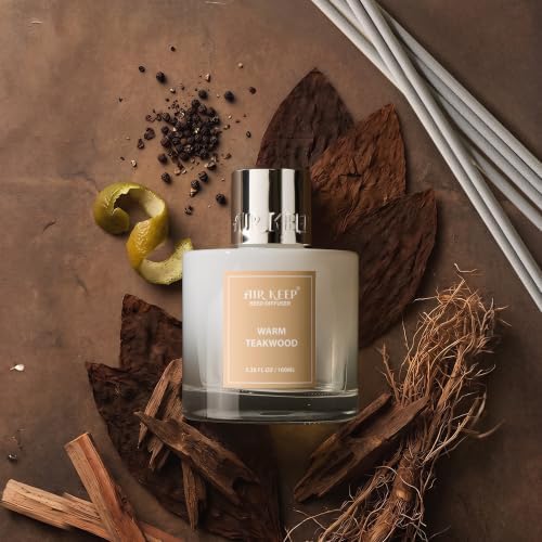 Airkeep Reed Diffuser Set,3.38 fl oz (100 ml) - Warm Teakwood Oil Diffusers with 8 Reed Sticks, Home Fragrance Reed