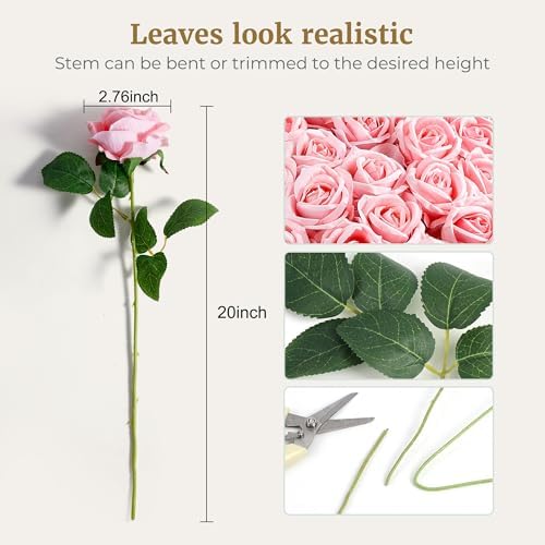 Auihiay 60PCS Pink Roses, Artificial Roses, Fake Roses, Velvet Silk