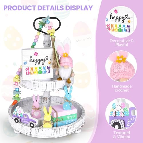 8PCS Easter Tiered Tray Decor, Spring Home Decor Set for Table,Wood with Bunny, Gnome, Truck, Happy Easter Sign & Accessories, Farmhouse Fireplace Mantle Decor, Home Kitchen Decorations Easter Gift Idea