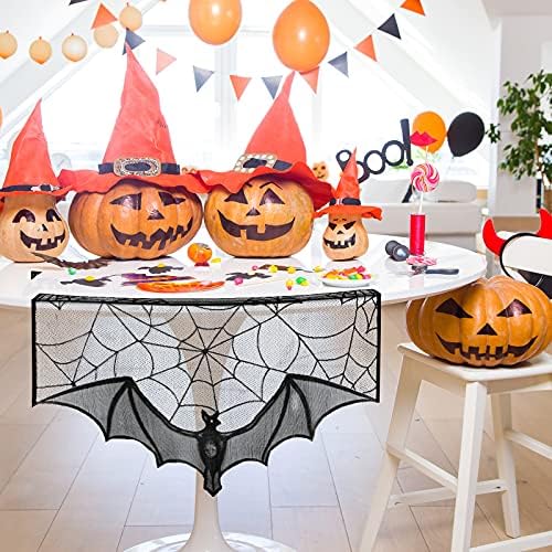 Tatuo 3 Pcs Halloween Black Lace Valances Spiderweb Bat Mantle Scarf