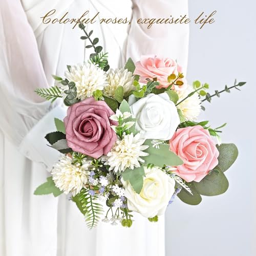 BLEUM CADE 36Pcs Artificial Flowers Fake Foam Roses with Stems for Wedding