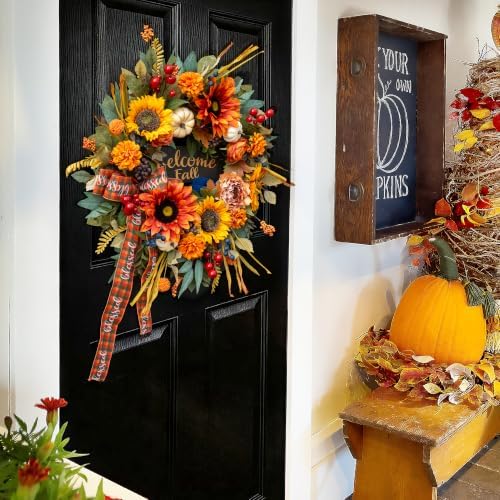 24 Inch Harvest Fall Wreaths for Front Door, Rustic Harvest Autumn Wreath