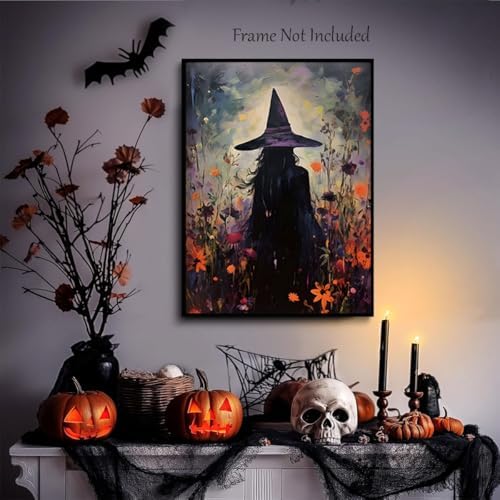 ILLBDR Halloween Witch with Flowers Canvas Wall Art Poster 16x24 inch