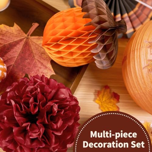 Paper Jazz Thanksgiving Hanging Decorations with Paper Turkey Friendsgiving Party Decoration with Fall Pompom Pumpkin Honeycomb Decor for Harvest Fall Decorations for Home Autumn Backdrop
