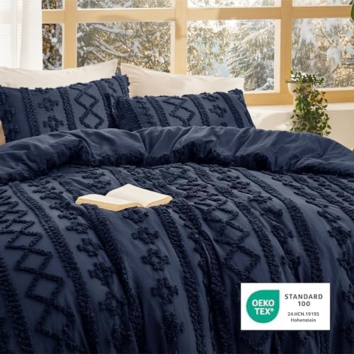 Bedsure Tufted Boho Comforter Set Queen Size - Navy Boho Bed Set, GentleSoft™ 3 Pieces Farmhouse-Style Embroidery