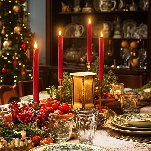 Homemory 6 Pcs Flameless Taper Candles with Remote Timer Dimmer, Red Battery Operated Candlesticks Flickering, Plastic Led Taper Candles Realistic, 9.6 Inches for Party Holiday Celebrations Christmas