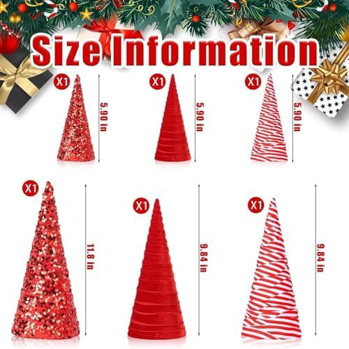 6 Pcs 12" 10" 6" Christmas Red White Velet Cone Tree Decoration Christmas Glitter Table Tree Farmhouse Tree Tiered Tray Ornament Xmas Tree for Home Holiday Entryway Tabletop Tree Centerpiece Decor