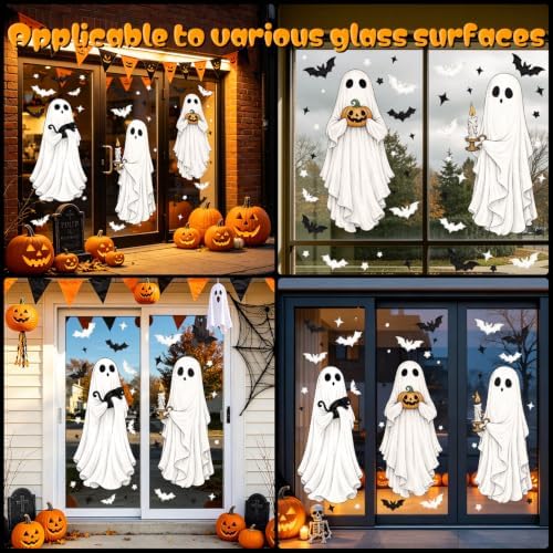 CCINEE 3 Sheets Halloween Ghosts Window Clings, Extra Large Spooky Bats Black Cat Pumpkin Window Stickers Ghost Mirror Decals for Home School Office Glass Halloween Party Indoor Outdoor Decorations