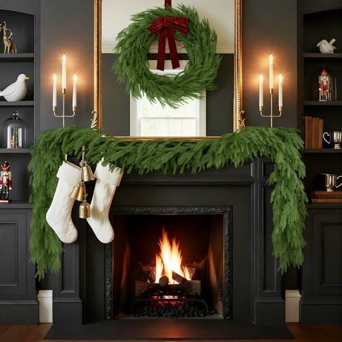 N&T NIETING 9FT Christmas Norfolk Pine Garland Real Touch Artificial Christmas Green Xmas Garland for Mantle, Table Holiday Fireplace Staircase Indoor Outdoor Christmas Decorations