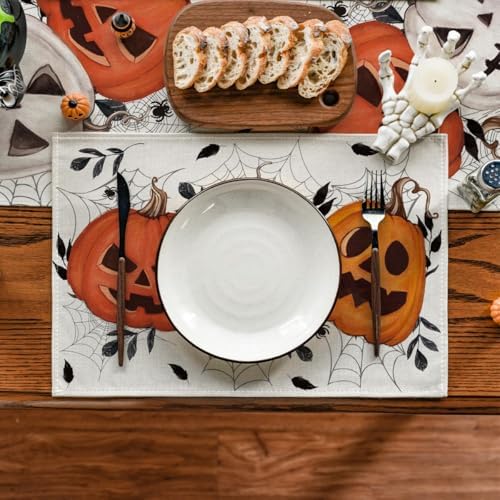 Artoid Mode Pumpkins Spider Web Halloween Placemats Set of 4, 12x18 Inch Fall Holiday Table Mats for Party Kitchen Dining Decoration