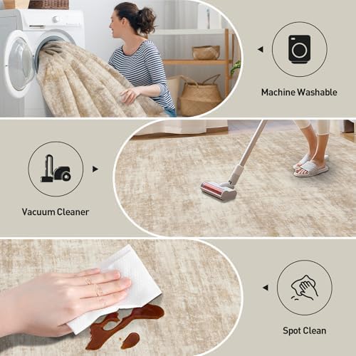 4x6 Area Rugs for Living Room: Washable Abstract Beige Badroom Carpet