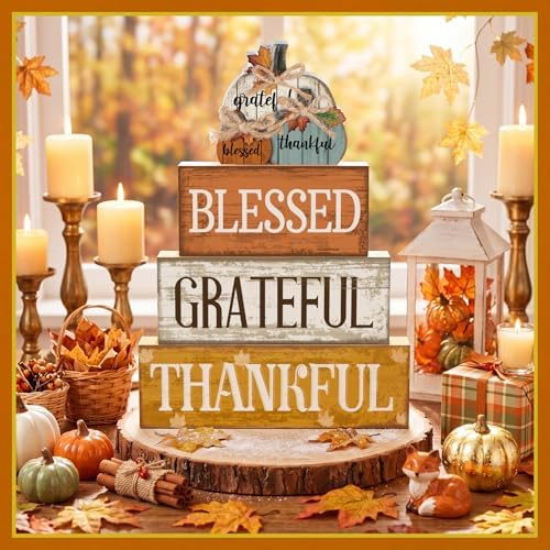 Lineshading 4 Pcs Stacked Pumpkin Block Signs, Fall Thanksgiving Decor