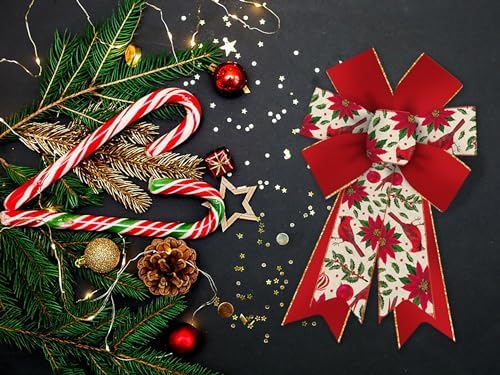 Estivaux 2 Pieces Christmas Bows for Wreath, Merry Christmas Wreath Bows Red Burlap Bows Xmas Craft Bows Ornaments Winter Leaf Flower Tree Bows for Front Door Christmas New Year Decorations