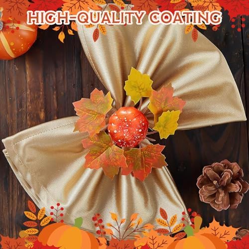 Thanksgiving Napkin Rings Set of 6, Pumpkin Napkin Rings for Holiday Dinner Table Decor, Maple Leaves Napkin Rings for Fall Table Decoration