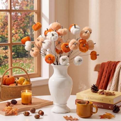 Suncalla 12 Pcs Fall Pumpkins Picks Velvet Fall Flower Picks