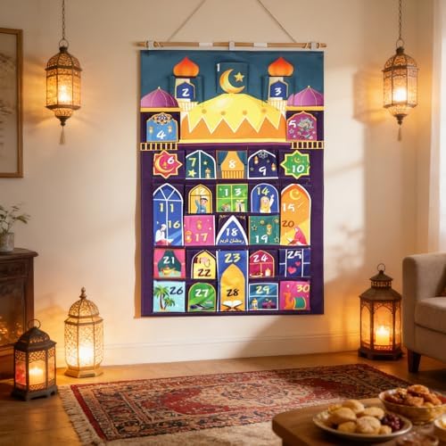 HOWAF Fabric Ramadan Advent Calendar (Countdown to Eid), Mosque Eid Ramadan Countdown Calendar with 30 Pockets for Ramadan Mubarak Home Wall Decoration, Islamic Decor Eid Holiday Advent Calendar Planner Supplies