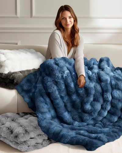 Ultra Soft Cozy Faux Fur Throw Blanket, Fuzzy Plush Thick Bubble Blanket, Oversize Luxury Fluffy Blanket for Couch
