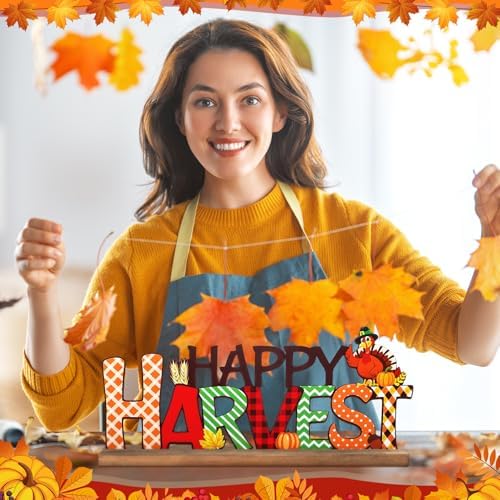 Realspring Happy Harvest Decorations for Home, Fall Metal Table Sign