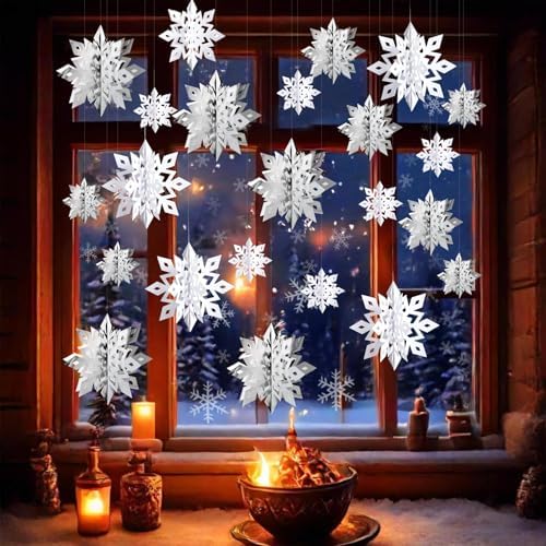 Snowflake Decorations, Paper Christmas Hanging Decor Indoor, 24-Pc