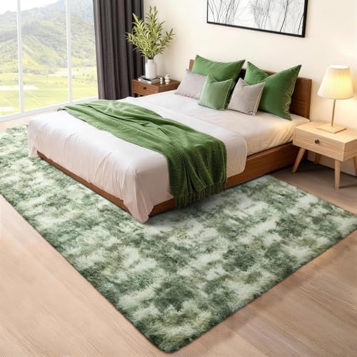Ophanie Green and White Area Rugs for Living Room 5x7,Sage Green Fluffy Shag Large Fuzzy Plush Soft Carpets,Floor
