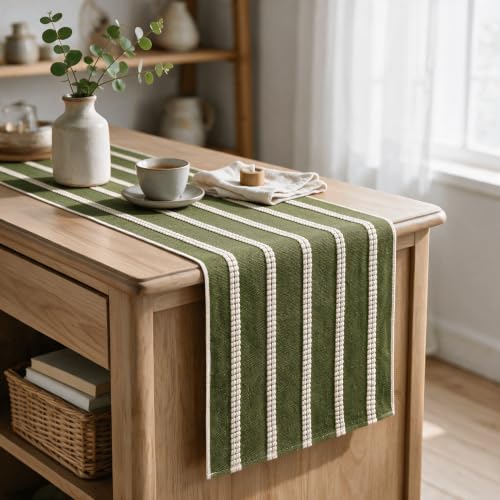 Artoid Mode Army Green Farmhouse Dashed Stripe Table Runner, Seasonal Holiday Boho Rustic Kitchen Dining Table Decoration for Home Party Decor 12x36 Inch