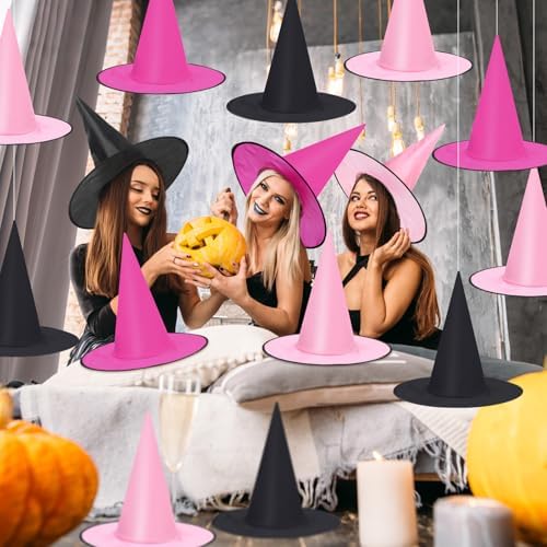 Gemscream 18 Pcs Floating Witch Hats Pink Black Halloween Decorations