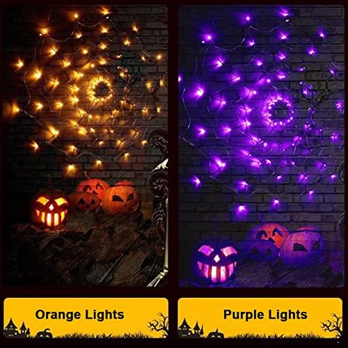 Halloween Decorations Spider Web Lights - 4FT Diameter 70 LEDs with Black Spider, Waterproof Net Lights, Remote Control, 8 Modes Cobweb Halloween Decorations for House Garden Indoor Outdoor (Orange)