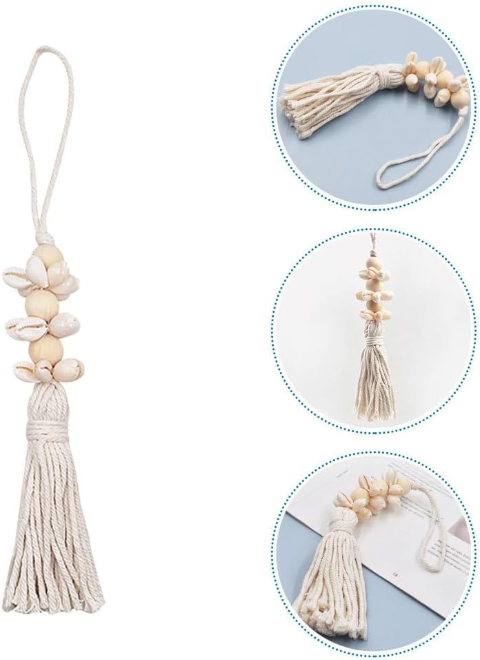 Boho Wood Beads and Shell Tassel Garland Cotton Thread Hanging String / 25 x 1.6 x 1.6 / Cm / Cream