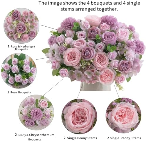 8 Pcs Mixed Artificial Peony Flowers Set-4 Bouquets & 4 Stems, Purple Fake Peony Rose Hydrangea Flower for Vase Silk Floral Arrangement for Table Centerpiece Wedding Party Bridal Decoration Home Decor
