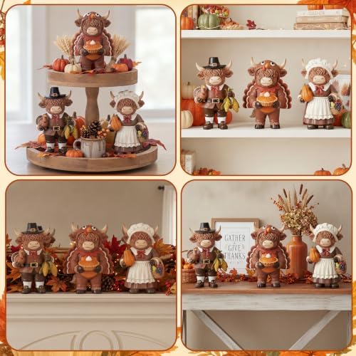 Simgoing 3 Pcs Fall Highland Cow Figurines Pilgrim and Turkey Cow Decor
