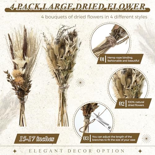 Layhit 4 Pack Large Size Boho Dried Flowers 15-17 Inch, Classic
