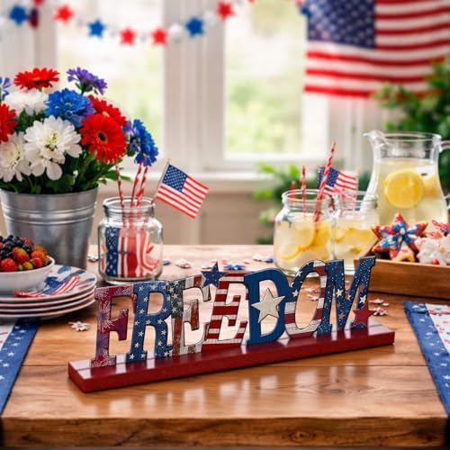 Cinnvoice Memorial Day Table Decoration Patriotic 4th of July Centerpiece Farmhouse Metal Freedom Star Red White and Blue Letter Tiered Tray Decorations with Wooden Base for Holiday Kitchen Home