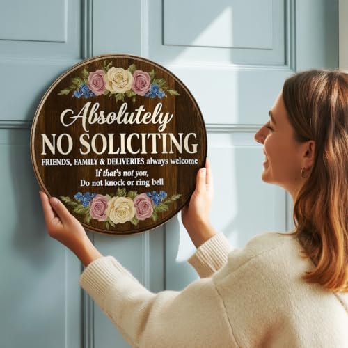 Floral Absolutely No Soliciting Wooden Hanging Sign for House Front Door, Don't Knock or Ring Doorbell Sign for Framhouse