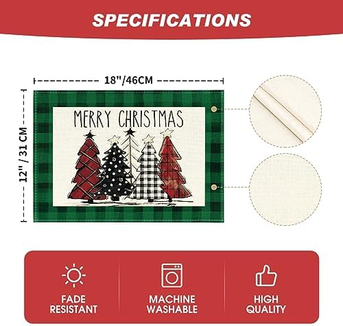 Artoid Mode Waterclor Green Buffalo Plaid Christmas Trees Placemats Set of 6, 12x18 Inch Winter Table Mats for Outdoor Home Party Kitchen Dining Decor
