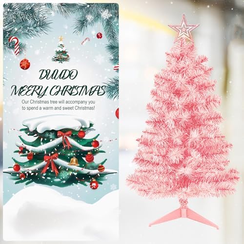 DUUDO 3FT Pink Premium Hinged Artificial Holiday Small Mini Christmas Tree for Tabletop,Home, Office, Indoor and Outdoor Holiday Decoration,Easy Assembly Metal Hinges & Foldable Base
