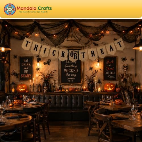Mandala Crafts Halloween Banner - Trick or Treat Halloween Burlap Banner Pennant Garland Bunting for Fireplace Mantle Porch Party Decorations