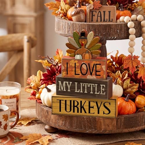 Lineshading 4 Pcs Thanksgiving Block Signs, I Love My Little Turkeys Wood